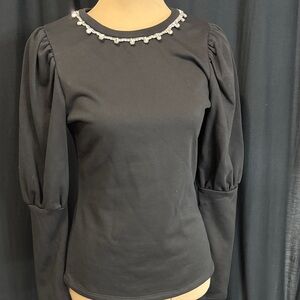Lea & Viola Black Long Sleeve Top with Embellished Neckline
